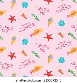 Summer pattern. Cute ice cream, juice, starfish, beach hat. Vector illustration.