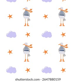 Summer pattern with a cute seagull in a scarf and a starfish