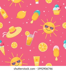 Summer pattern. Cute sun, ice cream, straw hat, lemon. Hand drawn flat cartoon elements. Vector illustration