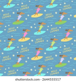 Summer pattern with cute surfing dachshunds in striped shirts on multicolored surfboards – bright "HELLO SUMMER" text and stars add cheerful beach vibes.