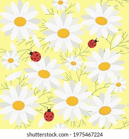 Summer pattern with daisies on a yellow background. Lovely ladybugs add to the mood. Vector file