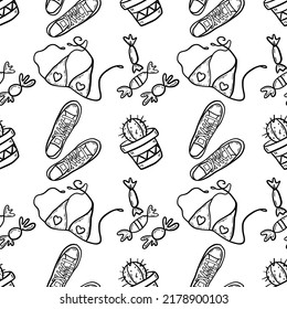 summer pattern of decorative elements of a swimsuit, cactus, sweets and sneakers on a white background