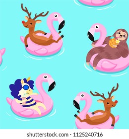 Summer pattern with deer, unicorn and sloth. Vector seamless texture.