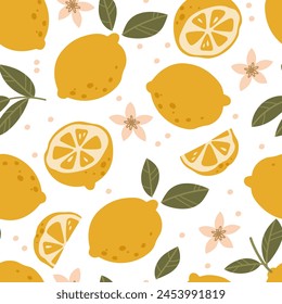 Patrón de verano con deliciosos limones, flores y hojas. Impresión en tela y papel de embalaje es posible. Ilustración vectorial
