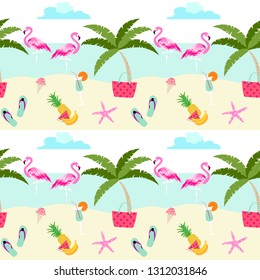 Summer pattern design with cute flamingos, beach, sea, fruits, ice cream and holiday symbols. Pastel color summer pattern.
