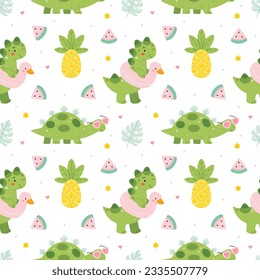 Summer pattern with dinosaurs. Summer vibe, flat style.