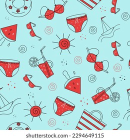 Summer pattern. Doodle style. Beach accessories, clothing. Vacation by the sea, summer beach party.Fruity drinks, swimsuit. Seamless pattern. Drawing, vector graphics. Wallpaper decor. 