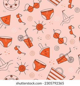 Summer pattern. Doodle style. Beach accessories, clothing. Vacation by the sea, summer beach party.Fruity drinks, swimsuit. Seamless pattern. Drawing, vector graphics. Wallpaper decor. 