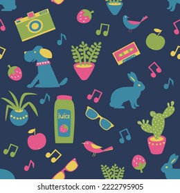 Summer pattern. Drinks, fruits, sunglasses, plants, camera, music, pets. Vector illustration