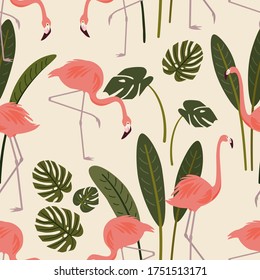 Summer pattern with exotic flamingo birds and tropical leaves. Vector seamless texture.