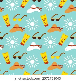 Summer pattern features hats, sunglasses, and sunscreen on a bright blue background. vector illustration