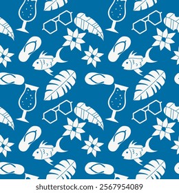 Summer pattern of fish, glasses, tropical leaves, flip-flops, juicy drinks. Blue background and silhouettes on a beach theme.