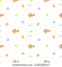 Summer pattern with fish and watermelons. Clown fish. Summer vibe, flat style.