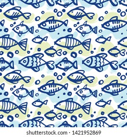 Summer pattern with fishes. Seamless vector background. Painted dry brush and colored ink.