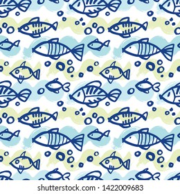 Summer pattern with fishes. Seamless vector background. Painted dry brush and colored ink.