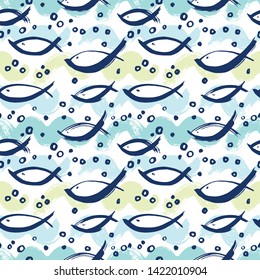 Summer pattern with fishes. Seamless vector background. Painted dry brush and colored ink.