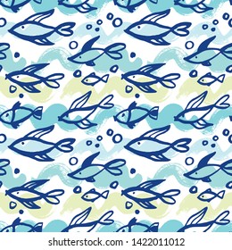 Summer pattern with fishes. Seamless vector background. Painted dry brush and colored ink.