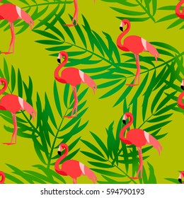 Summer pattern with flamingo and green palm branches. Ornament for textile and wrapping. Vector  background.