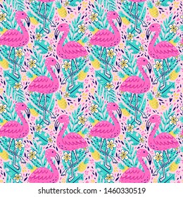 Summer pattern with flamingo, hearts, ice-cream, watermelon, sun, pineapple, cocktail, monstera, starfish, seashell on pink background. Tropical pattern