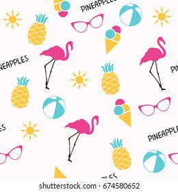 Summer pattern. Flamingo, pineapple, ice cream. Vector illustration.