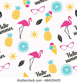 Summer pattern. Flamingo, pineapple, ice cream. Vector illustration.