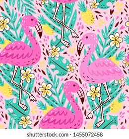 Summer pattern with flamingo, pineapple, tropical flower, monstera on pink background. Tropical pattern