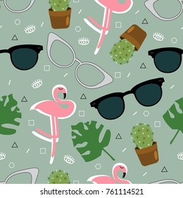 Summer pattern. Flamingo, 
sheet, cactus, sunglasses. Vector illustration.