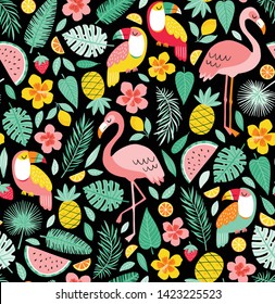 Summer pattern with flamingo, toucan, tropical leaves, flowers, fruits. Vector summertime pattern on black background. 