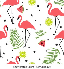 Summer pattern. Flamingo,palm leaves, lemon, text hello summer, stars, watermelon . Vector illustration.
