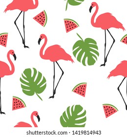 Patrón de verano. Flamingo, hojas de palma, sandías. Ilustración vectorial.