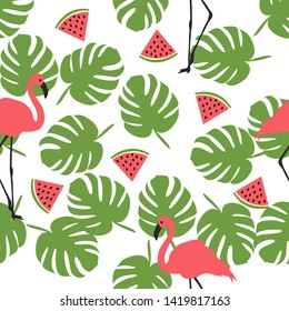 Summer pattern. Flamingo,palm leaves,watermelons . Vector illustration.