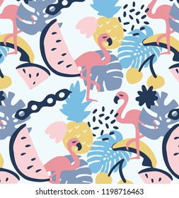 summer pattern with flamingos, leaves and colorful fruits. happy allover repeat
