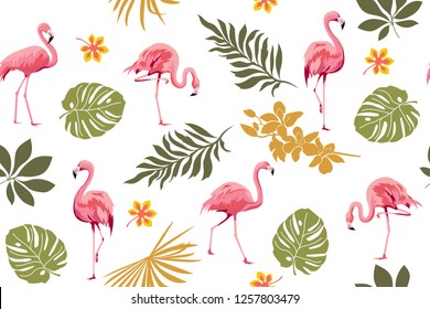 Summer pattern with flamingos and tropical leaves.Hawaii's exotic landscape is a tropical paradise. Designed for fabrics, textiles, wrapping paper and other decorative