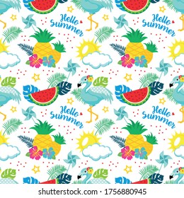 Summer pattern with flamingos, watermelon, lemon, pineapple and tropical leaves. Vector seamless texture
