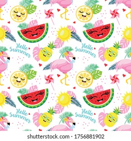 Summer pattern with flamingos, watermelon, lemon, pineapple and tropical leaves. Vector seamless texture