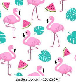 Summer pattern with flamingos, watermelon and tropical leaves. Vector seamless texture.