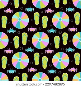 summer pattern with flip flop, ball and crab on black background, colorful flat design