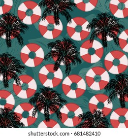 Summer pattern with floats and palms.Pool,sun,sea,ocean swimming floats.Red and white floats.Tropical,abstract,vintage pattern.For textile,texture,prints,wallpaper,decor design.Vector illustration.
