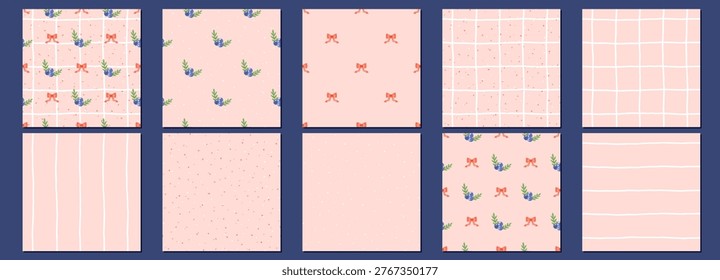 Summer pattern flower with seamless berry line and gingham. Spring featuring pastel blueberry and pink through check background geometric. Vertical food elements like daisy on table set.