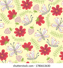 Summer pattern flowers and butterflies