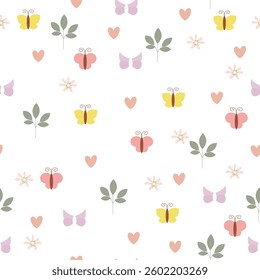 Summer pattern with flowers and butterflies on a light background with space for copy. Spring pattern with vector elements on white background, drawing for children products, gift wrapping paper
