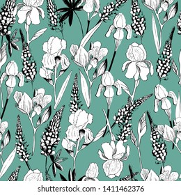 Summer pattern with flowers, lupine, iris. Hand draws field plants in ink. botanical illustration vintage. Sprig with leaves, buds, flowers. Design for print, vintage posters, wallpaper, textiles.
