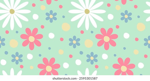 Summer pattern with flowers in pastell colors on a green background. For fabric, wallpaper, background, decoration. Vector image.