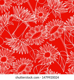 Summer pattern with flowers sunflower. Hand draws field plants with ink. Sunflower seed oil. botanical vintage illustration. Bud with leaves, flowers. Design for print, packaging, wallpaper, textile.