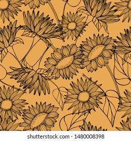 Summer pattern with flowers sunflower. Hand draws field plants with ink. Sunflower seed oil. botanical vintage illustration. Bud with leaves, flowers. Design for print, packaging, wallpaper, textile.