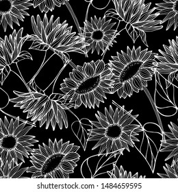 Summer pattern with flowers sunflower. Hand draws field plants with ink. Sunflower seed oil. botanical vintage illustration. Bud with leaves, flowers. Design for print, packaging, wallpaper, textile.