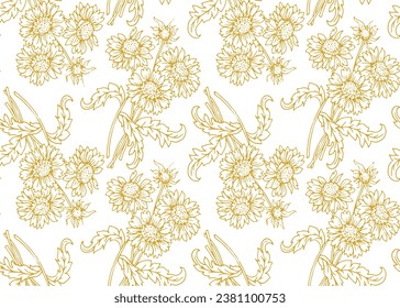 Summer pattern with flowers sunflower. Hand draws field plants with ink yellow outline sunflower on white background. Design for print, packaging, wallpaper, textile.

