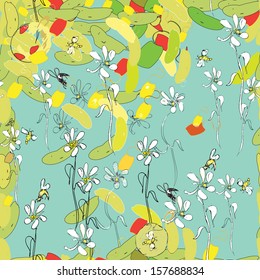 Summer pattern with  flowers, vegetables, fruits and bees. Hand drawn vector