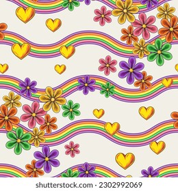 Summer pattern with flying chamomile flowers, hearts, wavy psychedelic stripes. Bright colors. Good for apparel, fabric, textile, surface design. 1960s, 70s style retro background.