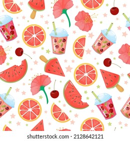 Summer pattern of fruit cocktails and ice cream. Lemonade. Cherry and grapefruit. Summer sweets. Vector illustration